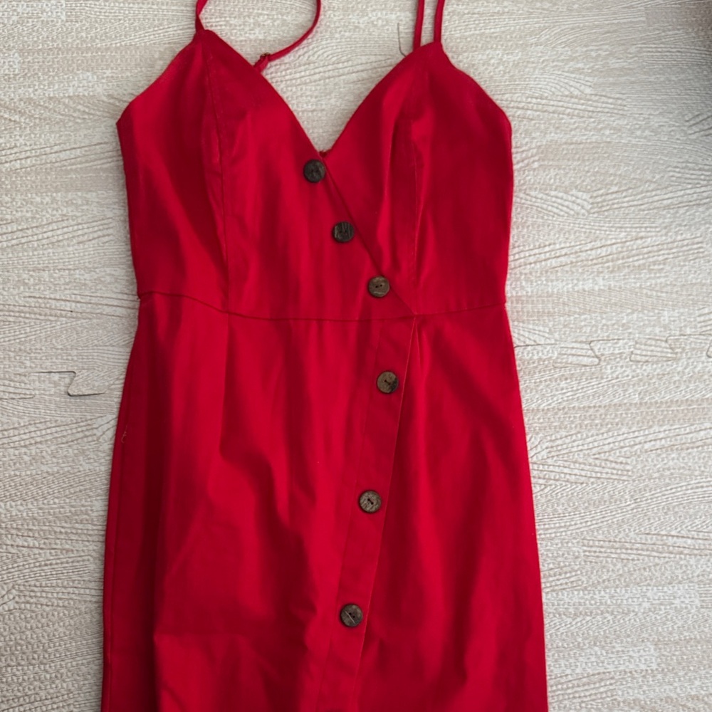 Red Spaghetti-Strap Button-Front Mini Dress